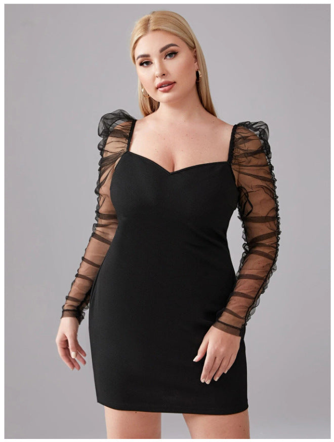 Sexy Mesh V-Neck Bodycon Mini Dress Long Sleeve Solid Color Wholesale Plus Size Clothing