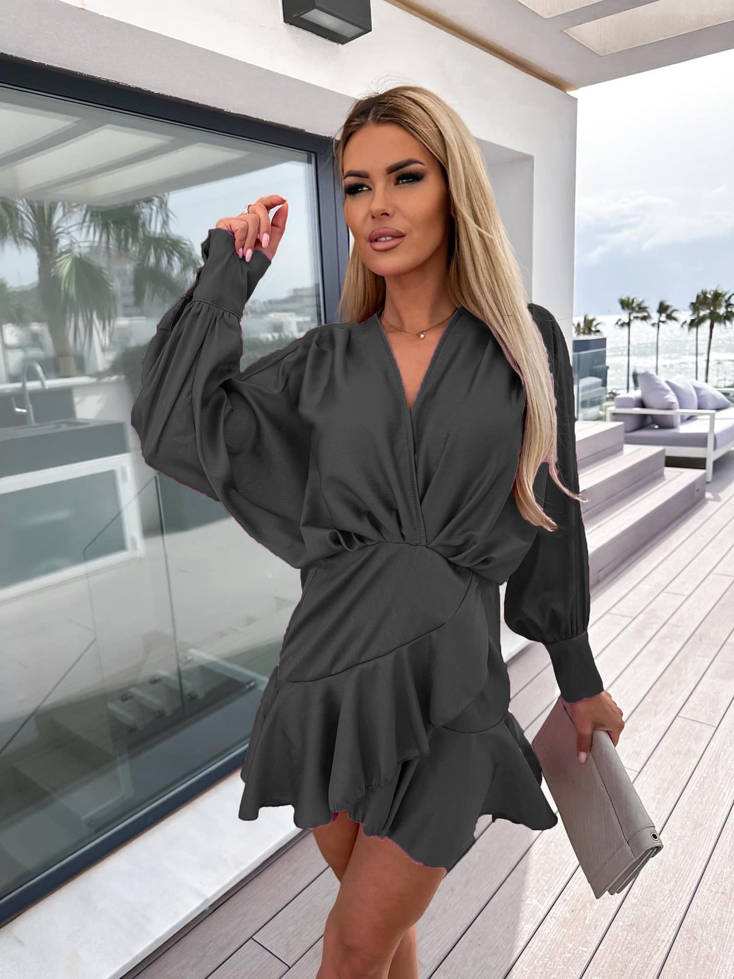 Long Sleeve Tight Waist Solid Color Satin Wrap Dress Wholesale Dresses