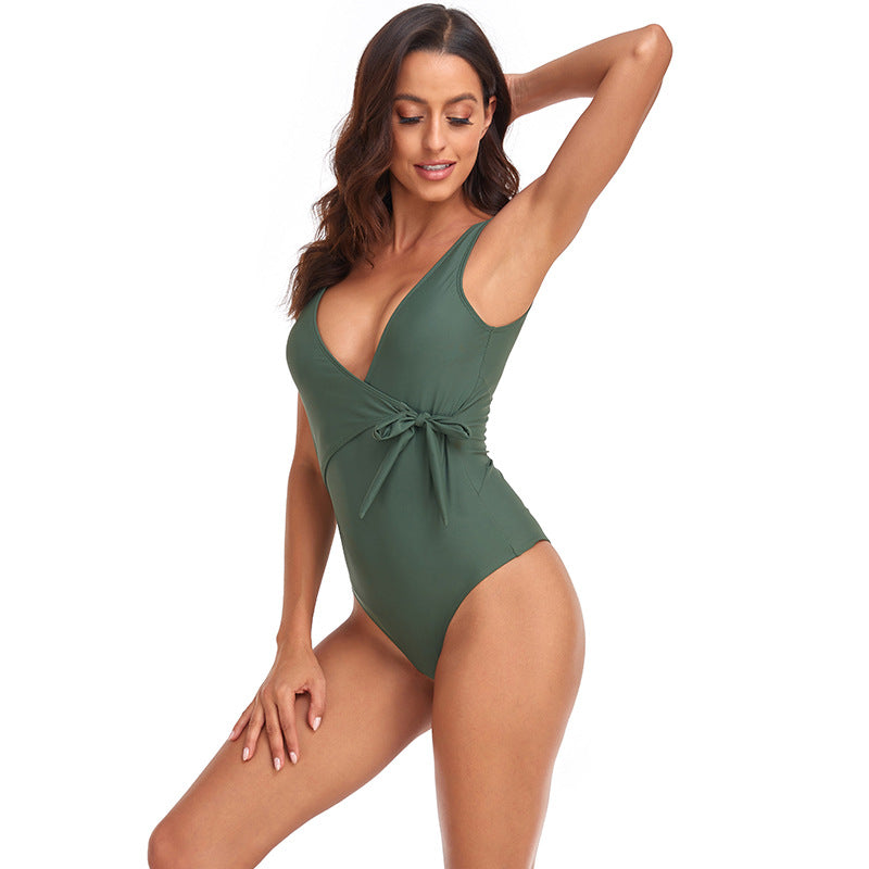 Lace-Up V-Neck Solid Color Seaside One-Piece Swimsuit Wholesale Women'S Clothing