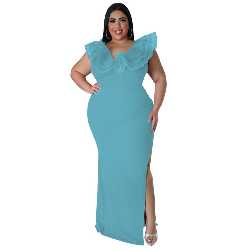 Wholesale Women'S Plus Size Clothing Banquet Party Wood Ear Trim Solid Color Dress