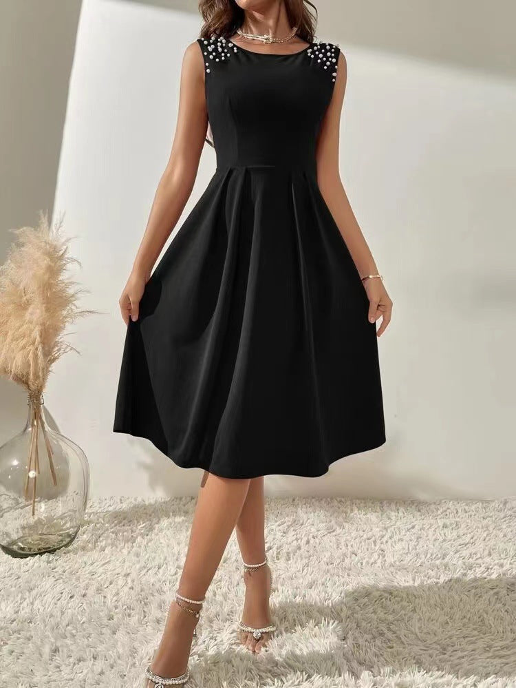 Commuter Slim Round Neck Beaded Sleeveless Dress Wholesale Dresses