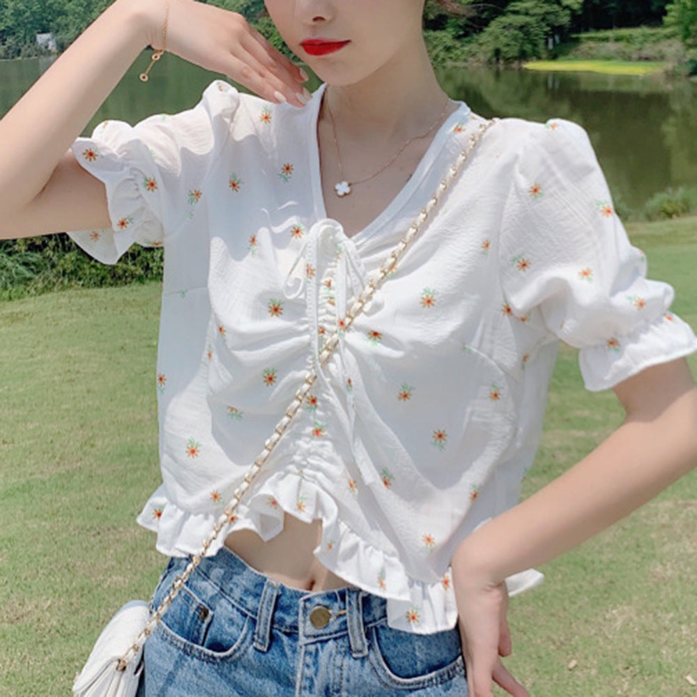 Fashion Floral Drawstring Navel Ruffle Irregular Short-Sleeved T-Shirt Wholesale Womens Tops