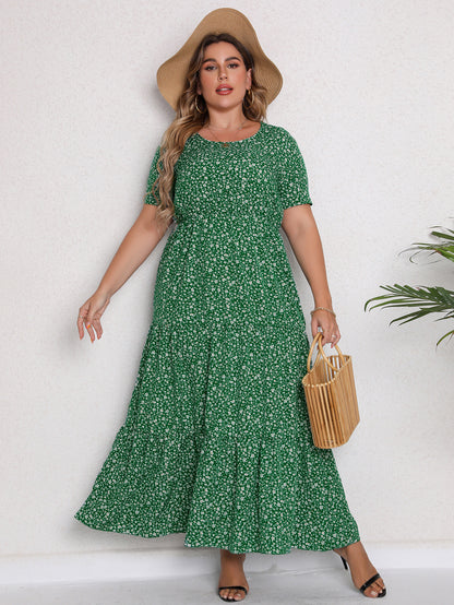 Casual Print Crew Neck Dress Short Sleeve Maxi Swing Dress Wholesale Plus Size Clothing