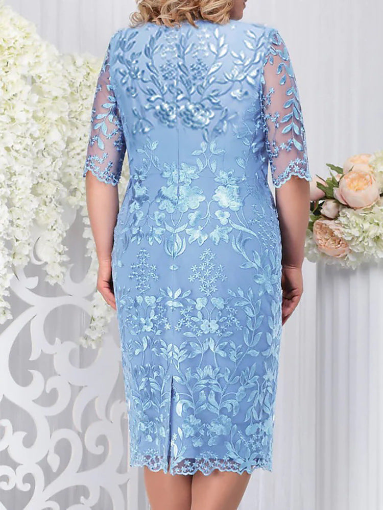 Wholesale Women'S Plus Size Clothing Elegant Round Neck Short Sleeve Embroidered Dress