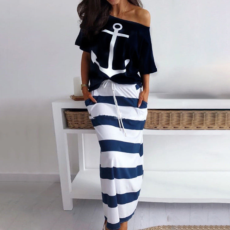 Boat Anchor Printed Short-Sleeved T-Shirt & Skirt Casual Suits Wholesale Women'S 2 Piece Sets