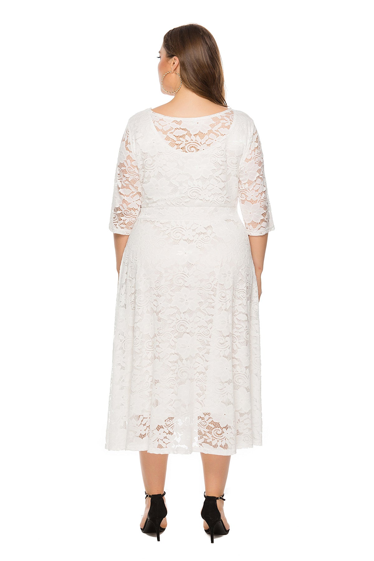 Sexy Hollow Lace Mid-Sleeve Midi Dress With Pockets A-Line Solid Color Dresses Wholesale Plus Size Clothing