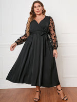 Fashion V Neck Midi Dress Long Sleeve Lace Up Dresses Solid Color Wholesale Plus Size Clothing