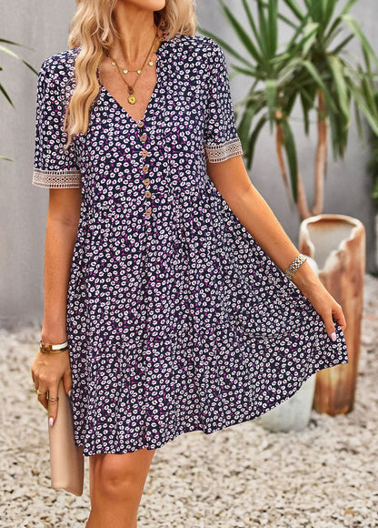 Short-Sleeved Casual V-Neck Floral Printed Swing Dress Wholesale Dresses