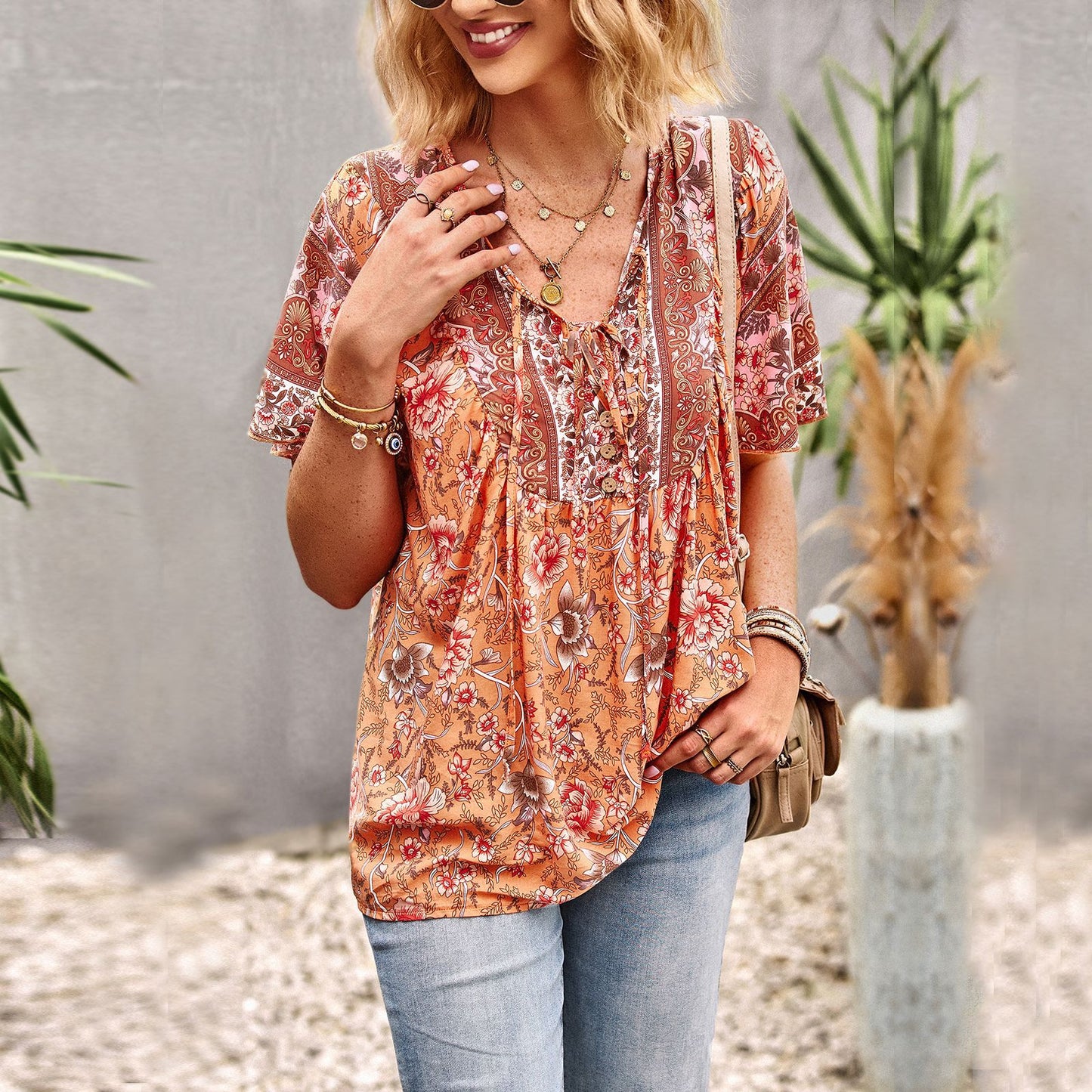 Boho Print Temperament V-Neck Bohemian Shirt Wholesale Womens Tops