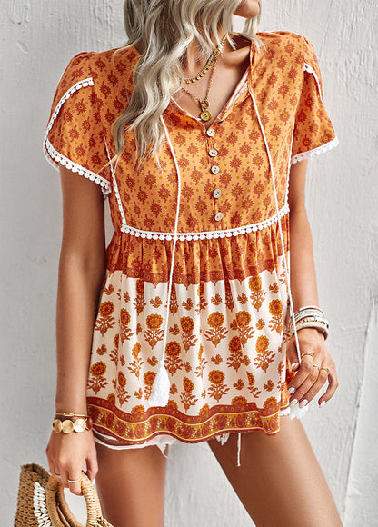 Ethnic Printed V-Neck Short Sleeve Bohemian T-Shirt Wholesale Womens Tops