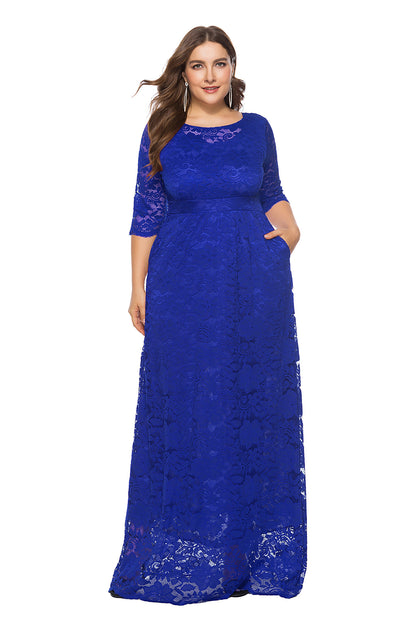 Sexy Hollow Lace Maxi Dress With Pockets Solid Color Long Sleeve Wholesale Plus Size Clothing