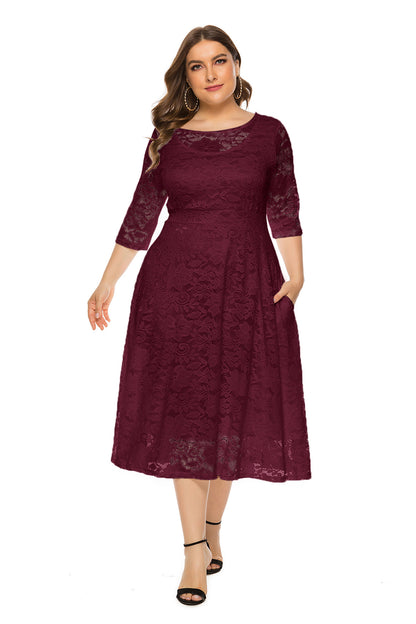 Sexy Hollow Lace Mid-Sleeve Midi Dress With Pockets A-Line Solid Color Dresses Wholesale Plus Size Clothing