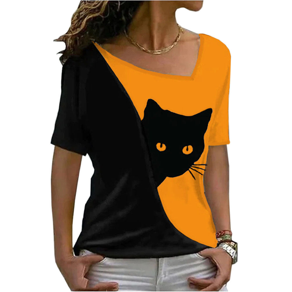 Casual Cat Print Diagonal Neck Tops Short Sleeve Womens T Shirts Wholesale