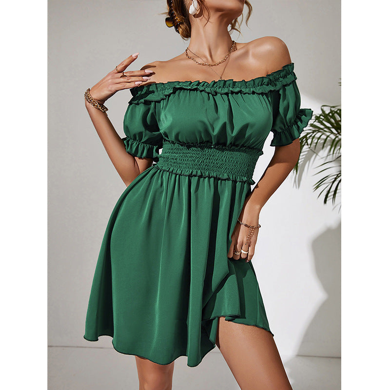 Solid Color Word Collar Off Shoulder Puff Sleeve Swing Dress Wholesale Dresses