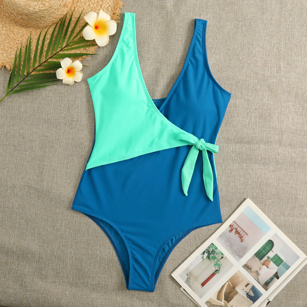 Lace-Up V-Neck Solid Color Seaside One-Piece Swimsuit Wholesale Women'S Clothing