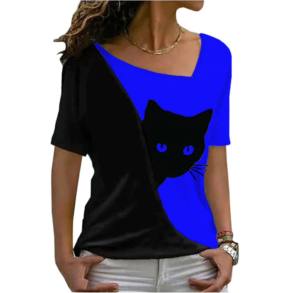 Casual Cat Print Diagonal Neck Tops Short Sleeve Womens T Shirts Wholesale