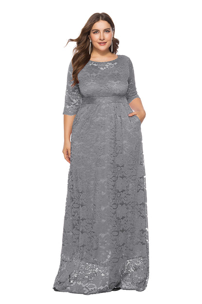 Sexy Hollow Lace Maxi Dress With Pockets Solid Color Long Sleeve Wholesale Plus Size Clothing