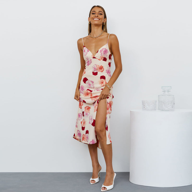 Floral Print V-Neck Slim Fit Mid Length Split A-Line Dress Wholesale Dresses