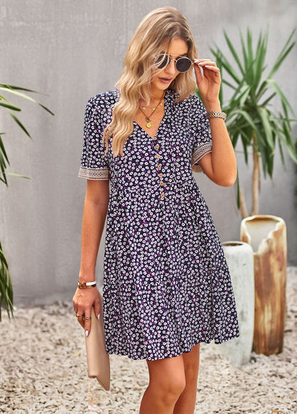 Short-Sleeved Casual V-Neck Floral Printed Swing Dress Wholesale Dresses