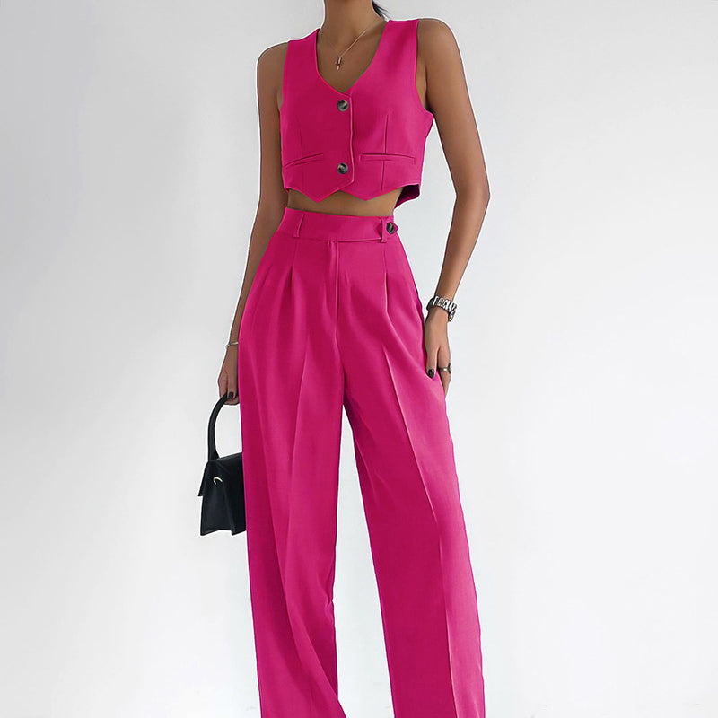 Solid Color Slim Fashion Cotton Linen Single-Breasted Vest And Pants Set Wholesale Women'S 2 Piece Sets