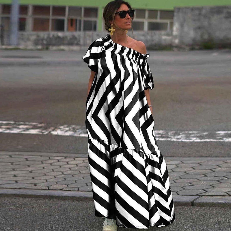 Wholesale Women'S Plus Size Clothing Puff Sleeve Loose One Shoulder Contrast Color Printed Long Dress
