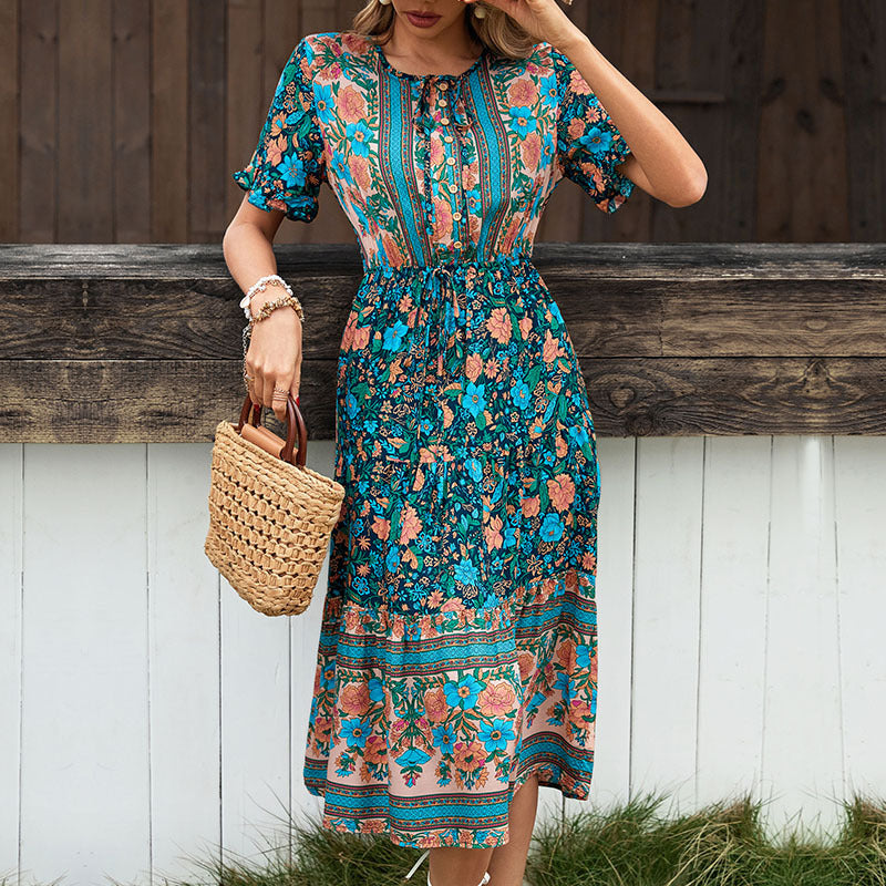Vacation Short Sleeve Drawstring Boho Printed Bohemian Dress Wholesale Dresses
