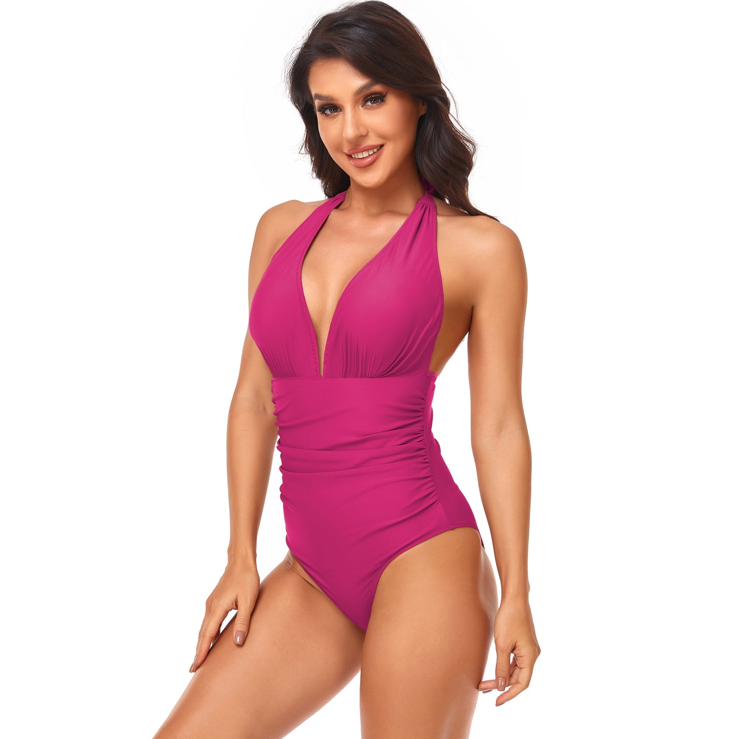 Triangle Solid Gathered Halter Neck One-Piece Swimsuit Wholesale Women'S Clothing