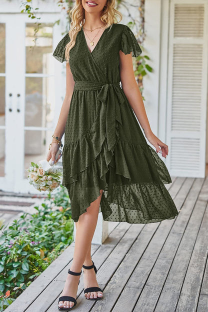 V-Neck Short Sleeves Lace-Up Jacquard Ruffled Wrap Dress Wholesale Dresses