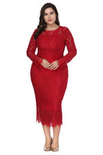 Sexy Lace Hollow Midi Dress Slim Solid Color Long Sleeve Wholesale Plus Size Clothing