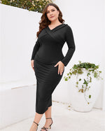 Wholesale Women'S Plus Size Clothing V Neck Long Sleeve Slim Side Slit Commuter Dress