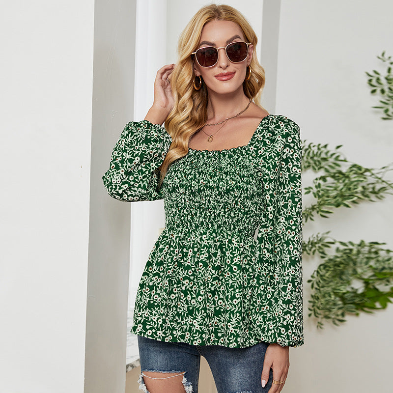 Casual Square Neck Chiffon Printed Tops High Waist Wholesale Womens Long Sleeve T Shirts