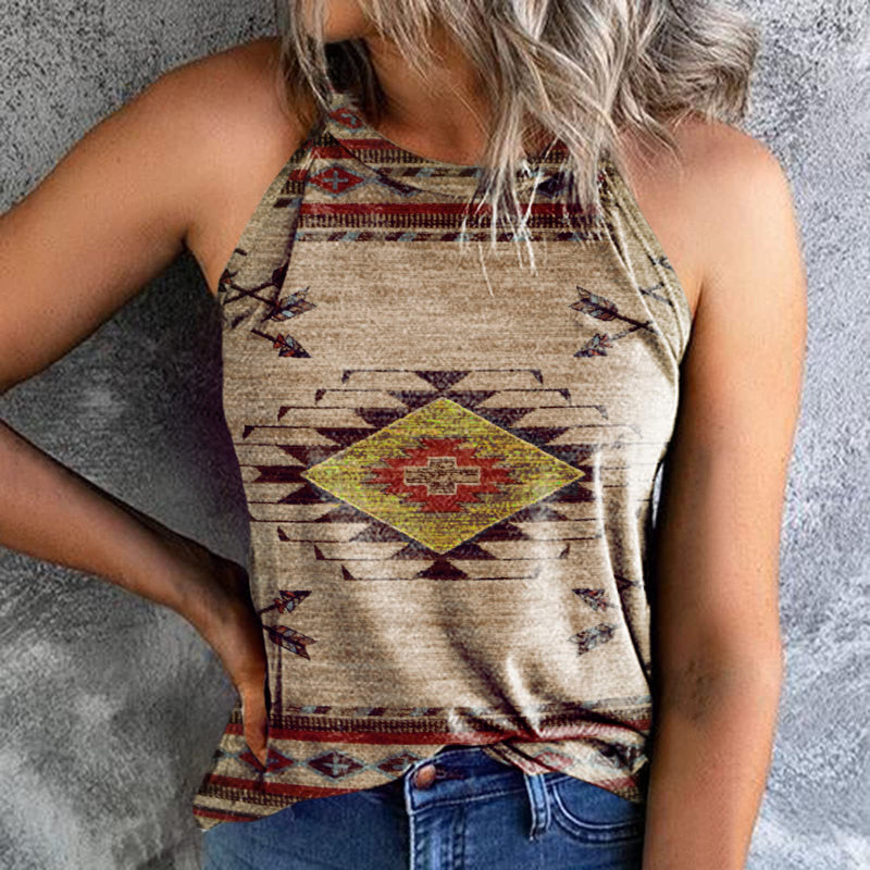 Casual Retro Print All-Match Halter Neck Sleeveless Tank Tops Wholesale Women'S Tops