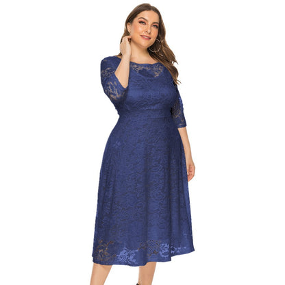 Sexy Hollow Lace Mid-Sleeve Midi Dress With Pockets A-Line Solid Color Dresses Wholesale Plus Size Clothing