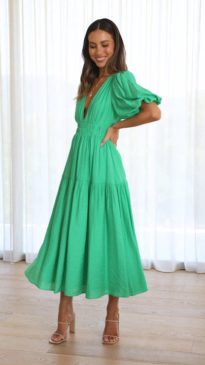 Solid Color Sexy Deep V-Neck Puff Sleeve Mid-Length Fashion Dress Wholesale Dresses