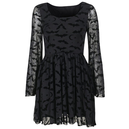 Dark Temperament Bat Jacquard Bell Sleeve A Swing Dress Wholesale Dresses Without Belt