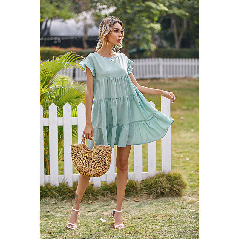 Lotus Leaf Sleeve Solid Color O-Neck Loose Smocked Dress Wholesale Dresses