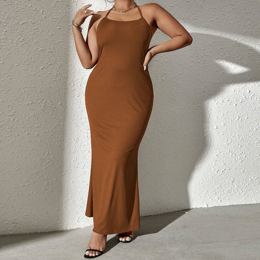 Wholesale Women'S Plus Size Clothing Halter Neck Slim Fit Solid Color Dress