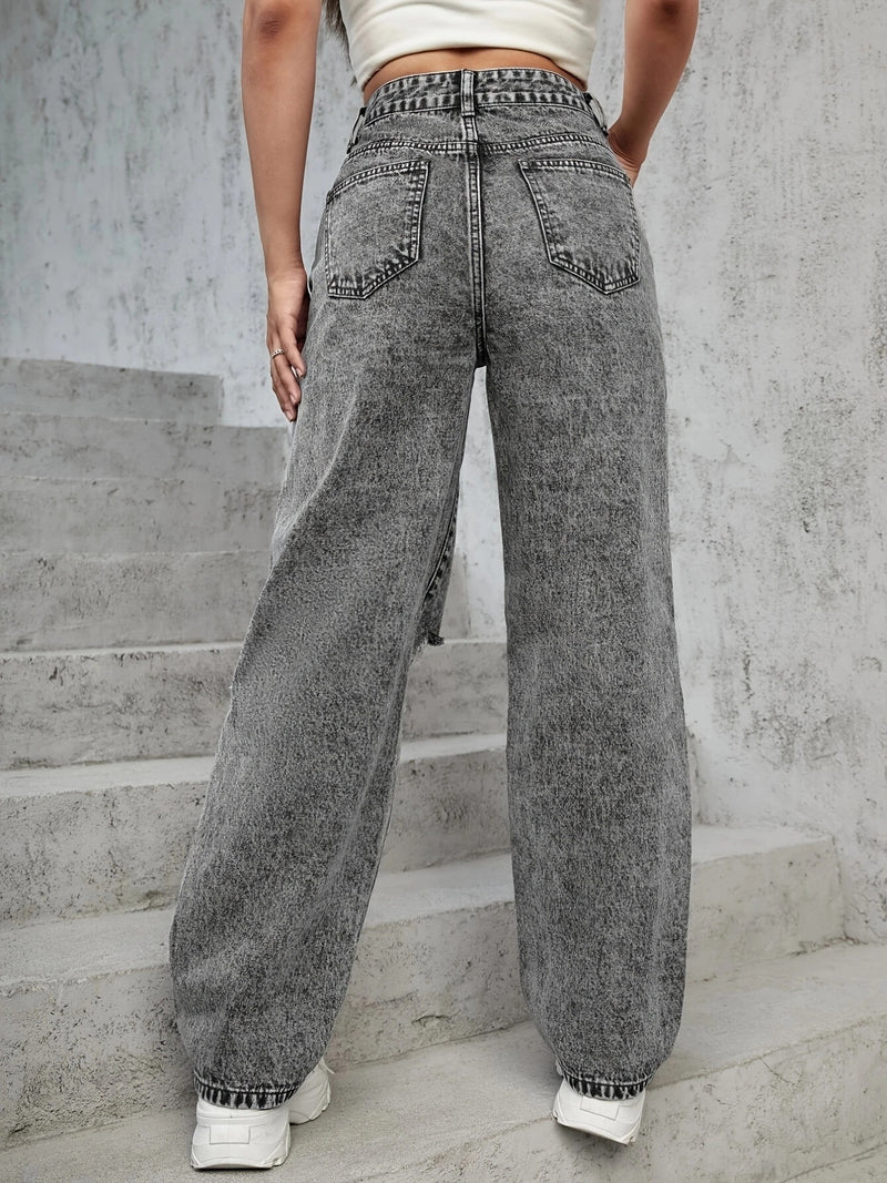 Fashion Solid Color Hole Denim Straight Pants Wholesale Jeans