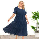 Wholesale Women'S Plus Size Clothing Short Sleeve Round Neck Flowing Solid Color Dress