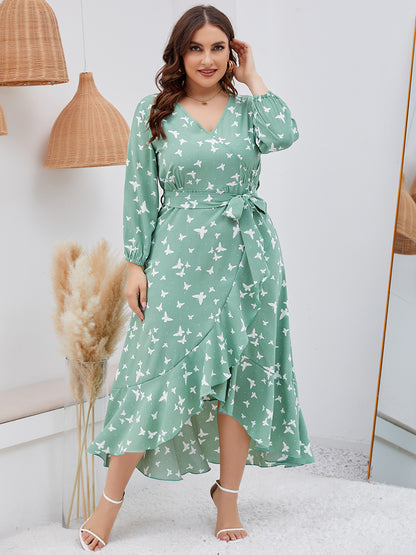 Wholesale Women'S Plus Size Clothing Butterfly Print Ruffle Hem Long Sleeve V Neck Dress