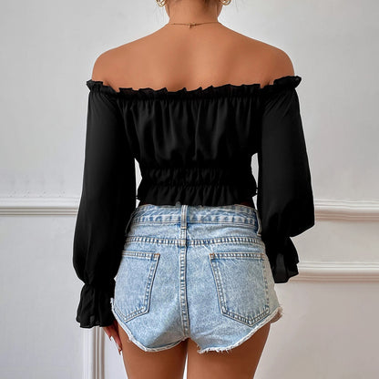 Sexy Off Shoulder Puff Sleeves Solid Color Slim Wholesale Crop Tops