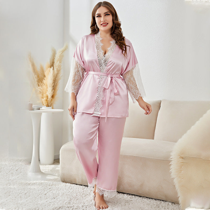 Summer Lace Tops & Trousers Satin Curvy Pajamas Sets Wholesale Plus Size Clothing