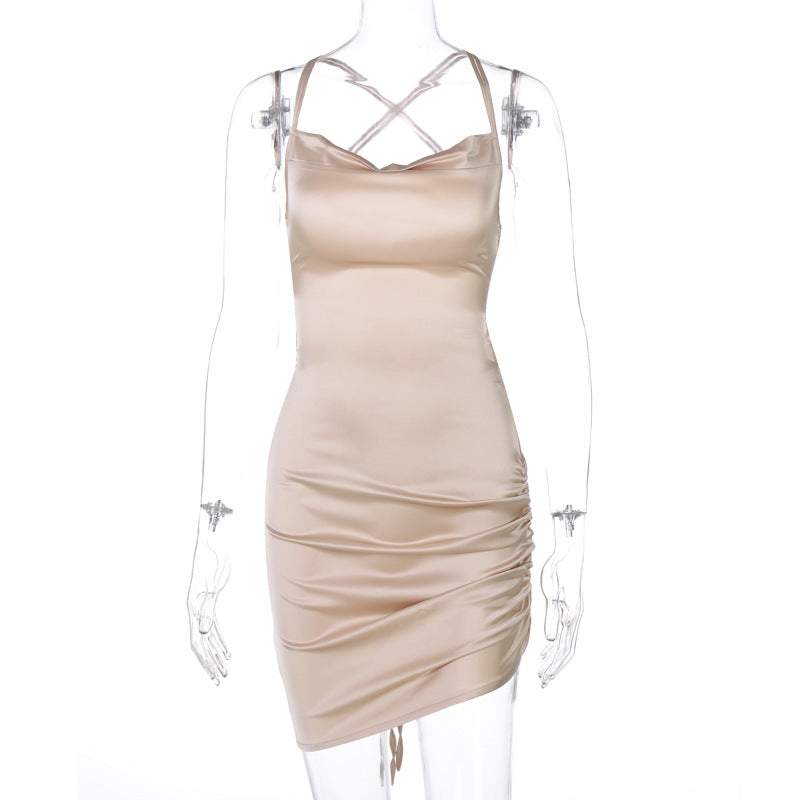 Open Back Cutout Sling Slim Pleated Satin Dress Wholesale Dresses
