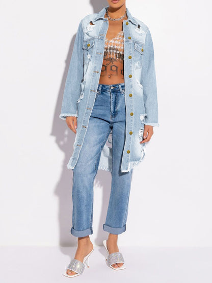 Fashion Long-Sleeved Ripped Hole Mid-Length Denim Jacket Wholesale Womens Clothing