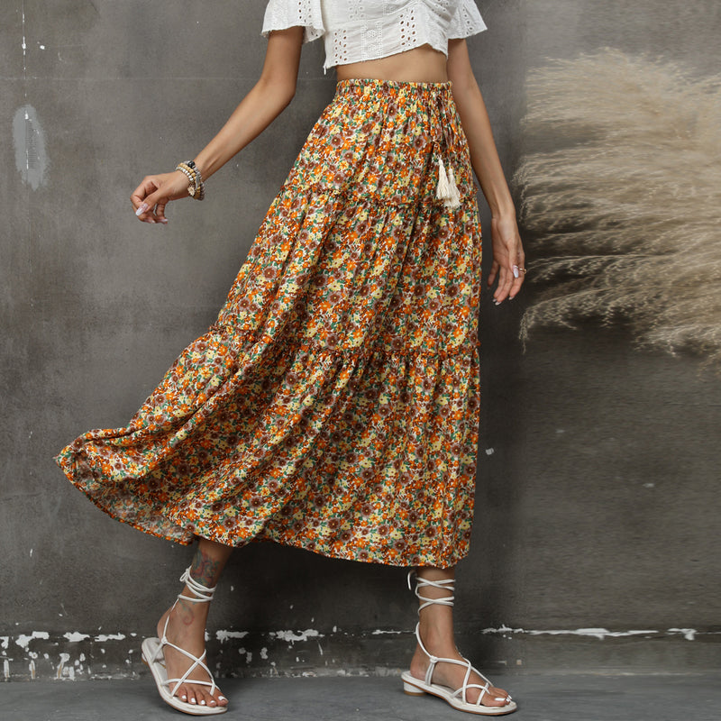 Floral Print Boho Fashion Smocked Bohemian Swing Long Skirt Wholesale Skirts