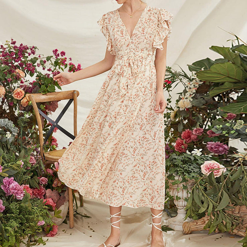 Design Sense Floral Print Ruffle Sleeve Elegant Long Dress Wholesale Dresses