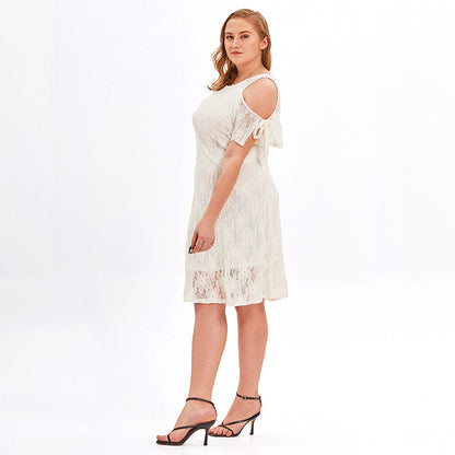 Elegant Off-Shoulder Lace Dress Short Sleeve Solid Color Wholesale Plus Size Clothing