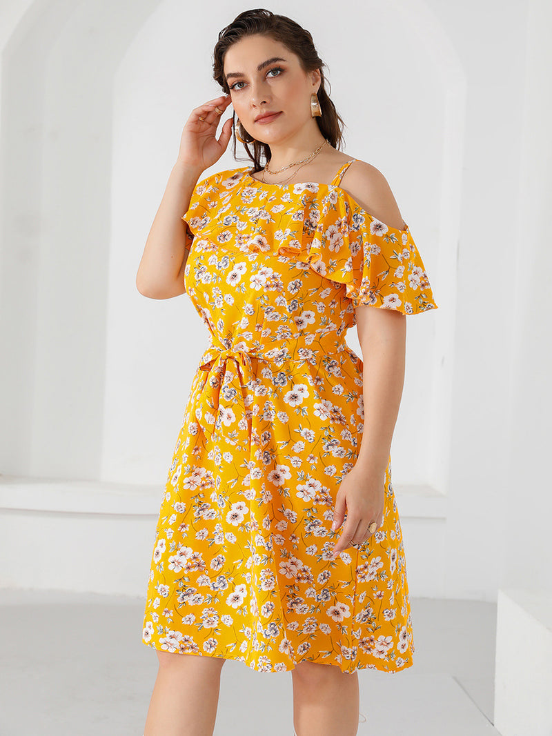 Wholesale Women'S Plus Size Clothing Asymmetric One Shoulder Short Sleeve Print Ruffle Dress