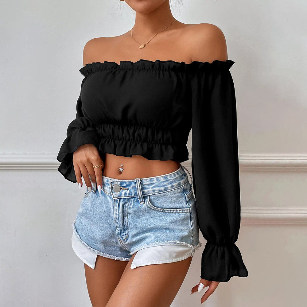 Sexy Off Shoulder Puff Sleeves Solid Color Slim Wholesale Crop Tops