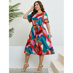 Wholesale Women'S Plus Size Clothing Round Neck Short Sleeve Mosaic Color Dress